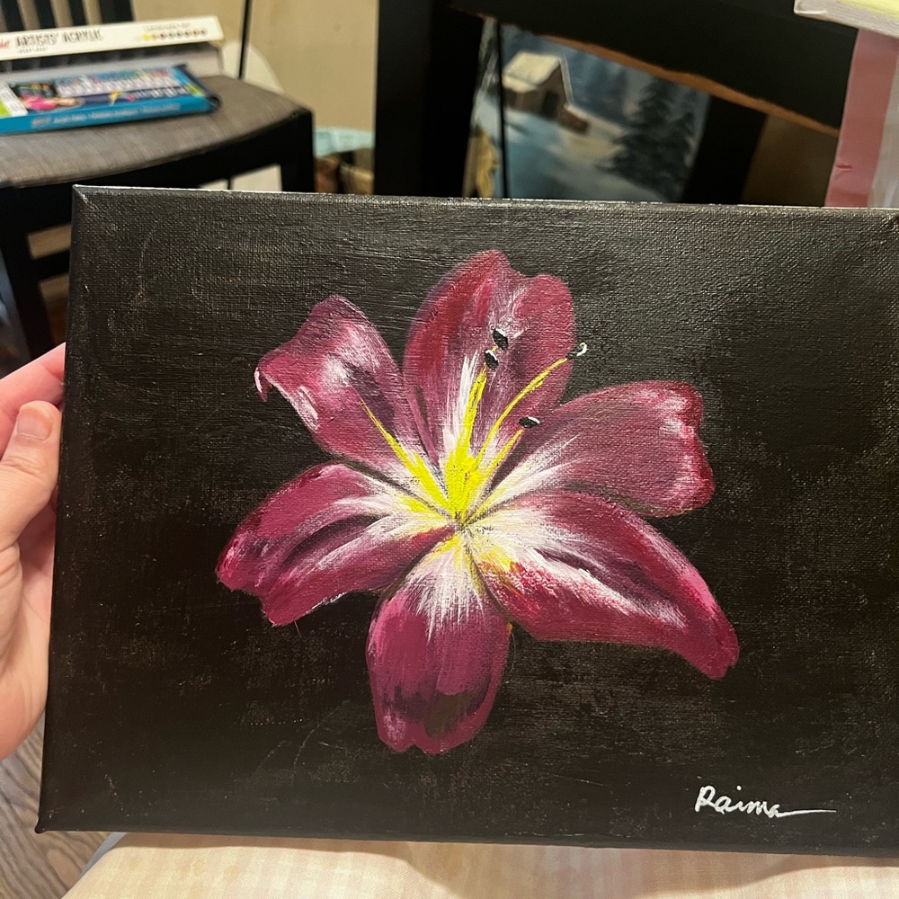 Black Canvas with Pink Flower Art